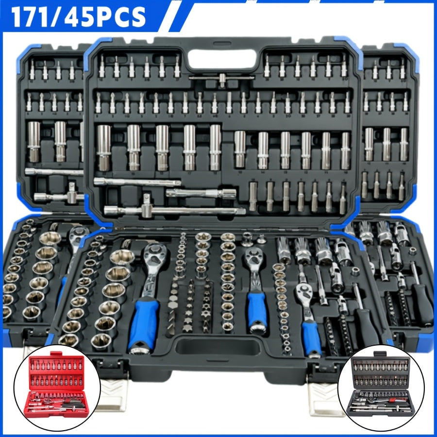 17145pcs Professional Car Repair Tool Set Ratchet Wrench Set Torque Wrench 12 14 38 Drive Deep And Standard Sockets Car Repair And Home Machine Tool Set Suitable for Car And Bicycle Repair Tools